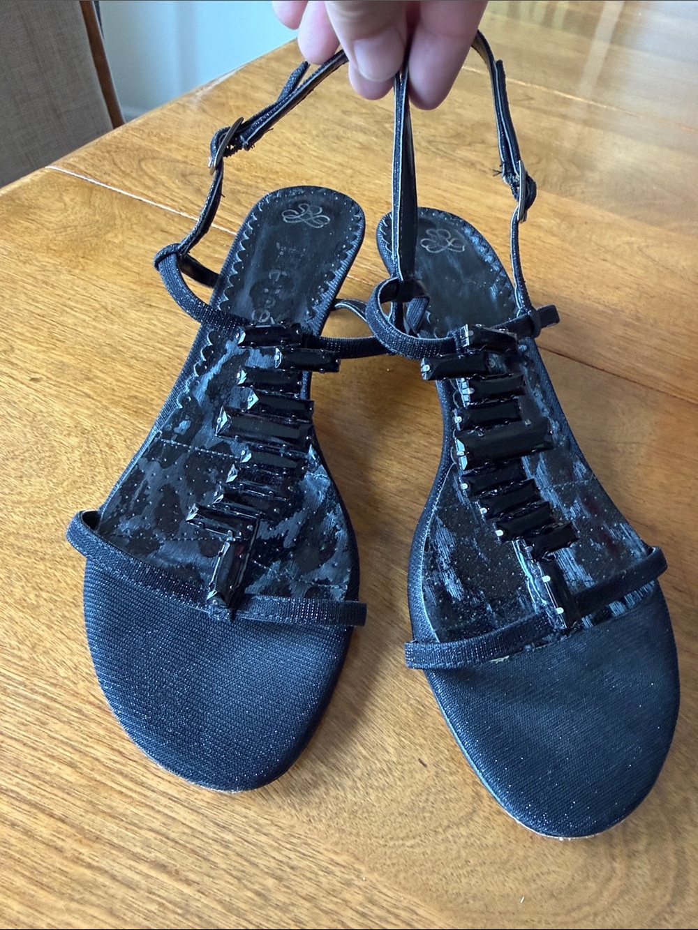 J.Renee Black Jeweled T-Strap Flat Sandals